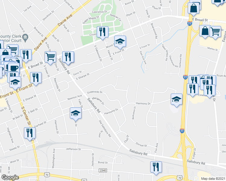 map of restaurants, bars, coffee shops, grocery stores, and more near 548 Stoneybrook Road in Statesville