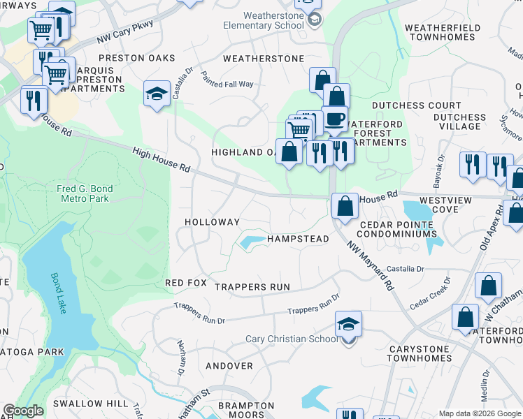 map of restaurants, bars, coffee shops, grocery stores, and more near 413 Byrams Ford Drive in Cary
