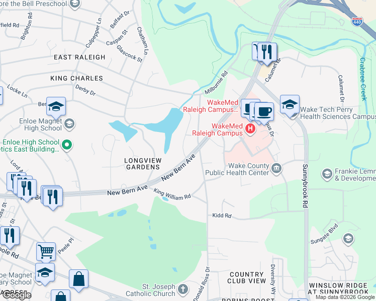 map of restaurants, bars, coffee shops, grocery stores, and more near 2447 New Bern Avenue in Raleigh