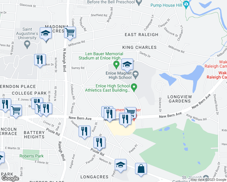 map of restaurants, bars, coffee shops, grocery stores, and more near 217 Lord Berkley Road in Raleigh