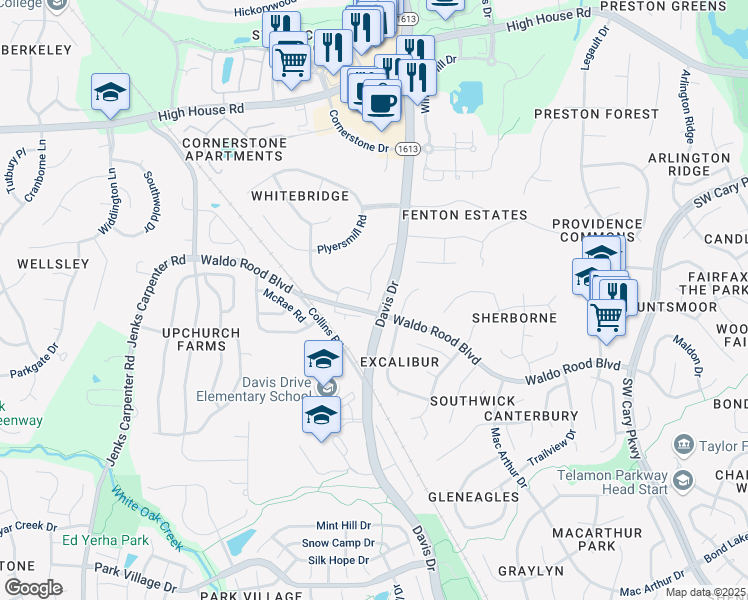 map of restaurants, bars, coffee shops, grocery stores, and more near 263 Daymire Glen Lane in Cary