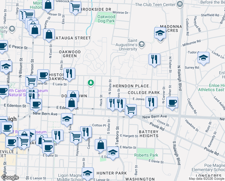 map of restaurants, bars, coffee shops, grocery stores, and more near 209 North Tarboro Street in Raleigh