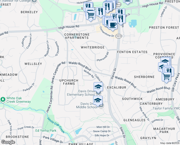 map of restaurants, bars, coffee shops, grocery stores, and more near 744 McRae Road in Cary