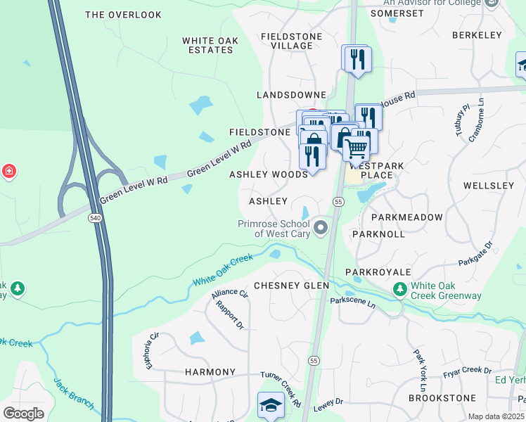 map of restaurants, bars, coffee shops, grocery stores, and more near 303 Caraway Lane in Cary