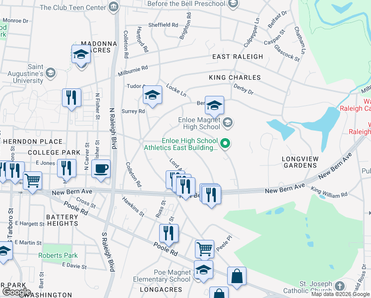 map of restaurants, bars, coffee shops, grocery stores, and more near 301 Lord Berkley Road in Raleigh
