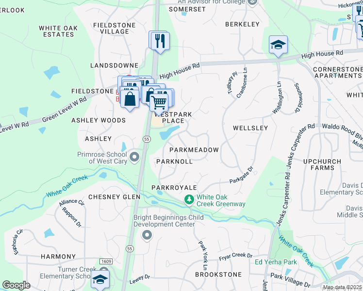 map of restaurants, bars, coffee shops, grocery stores, and more near 323 Parkmeadow Drive in Cary
