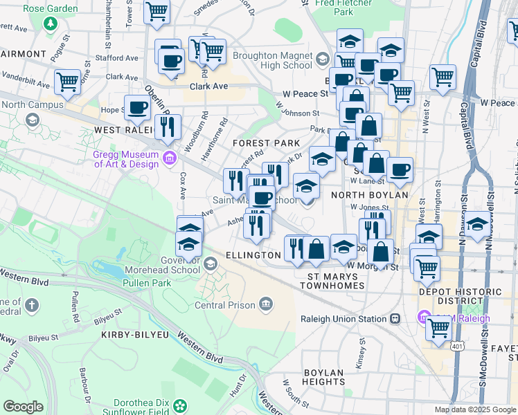 map of restaurants, bars, coffee shops, grocery stores, and more near 1215 Hillsborough Street in Raleigh