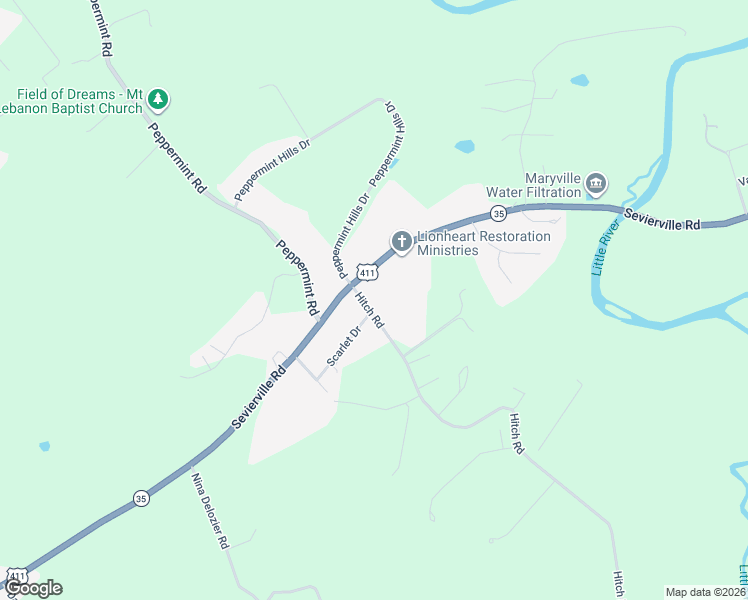 map of restaurants, bars, coffee shops, grocery stores, and more near 3329 Scarlet Drive in Maryville