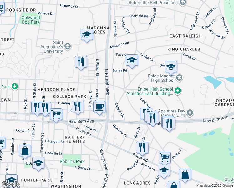 map of restaurants, bars, coffee shops, grocery stores, and more near 208 Colleton Road in Raleigh