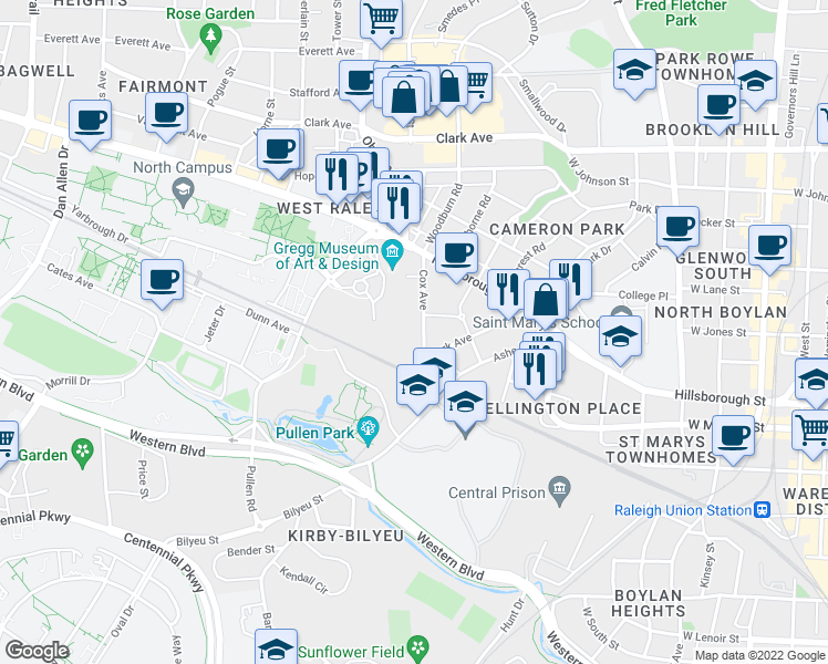 map of restaurants, bars, coffee shops, grocery stores, and more near 218 Cox Avenue in Raleigh
