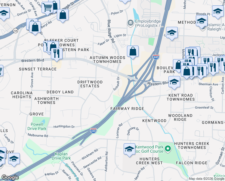 map of restaurants, bars, coffee shops, grocery stores, and more near 1025 Schaub Drive in Raleigh