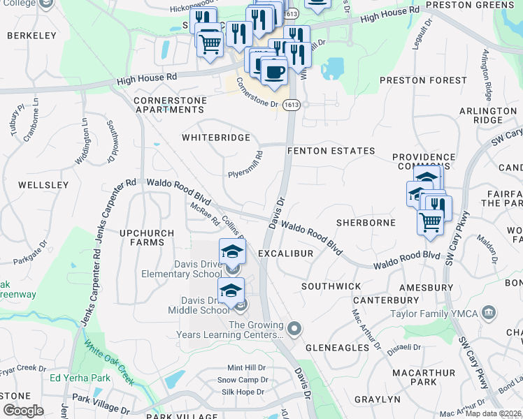 map of restaurants, bars, coffee shops, grocery stores, and more near 267 Daymire Glen Lane in Cary