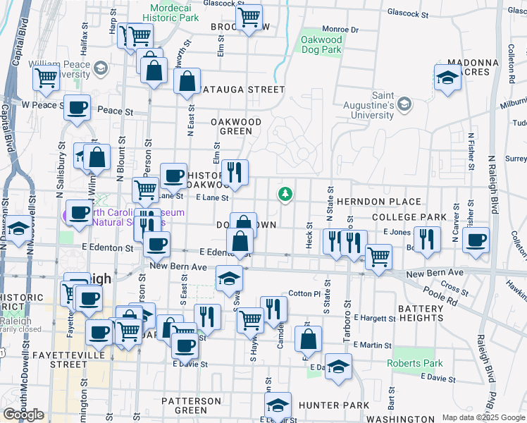 map of restaurants, bars, coffee shops, grocery stores, and more near 213 Seawell Avenue in Raleigh