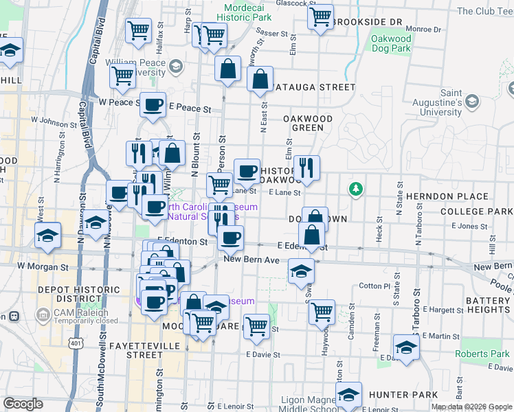 map of restaurants, bars, coffee shops, grocery stores, and more near 401 East Jones Street in Raleigh