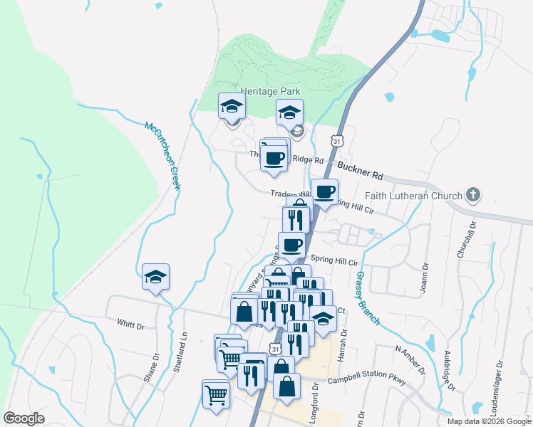 map of restaurants, bars, coffee shops, grocery stores, and more near 1011 Williford Court in Spring Hill