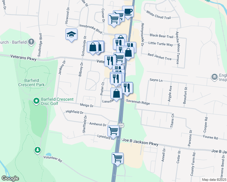map of restaurants, bars, coffee shops, grocery stores, and more near 3045 London View in Murfreesboro