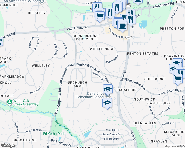 map of restaurants, bars, coffee shops, grocery stores, and more near 514 Methven Grove Drive in Cary