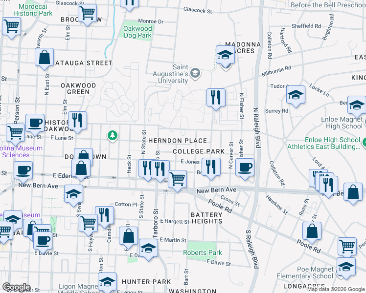 map of restaurants, bars, coffee shops, grocery stores, and more near 1214 Pender Street in Raleigh