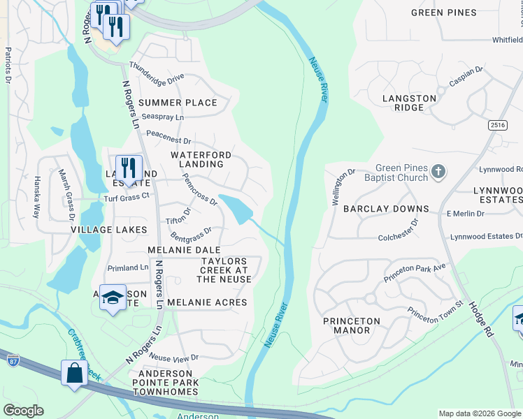 map of restaurants, bars, coffee shops, grocery stores, and more near 5828 Brookshadow Drive in Raleigh