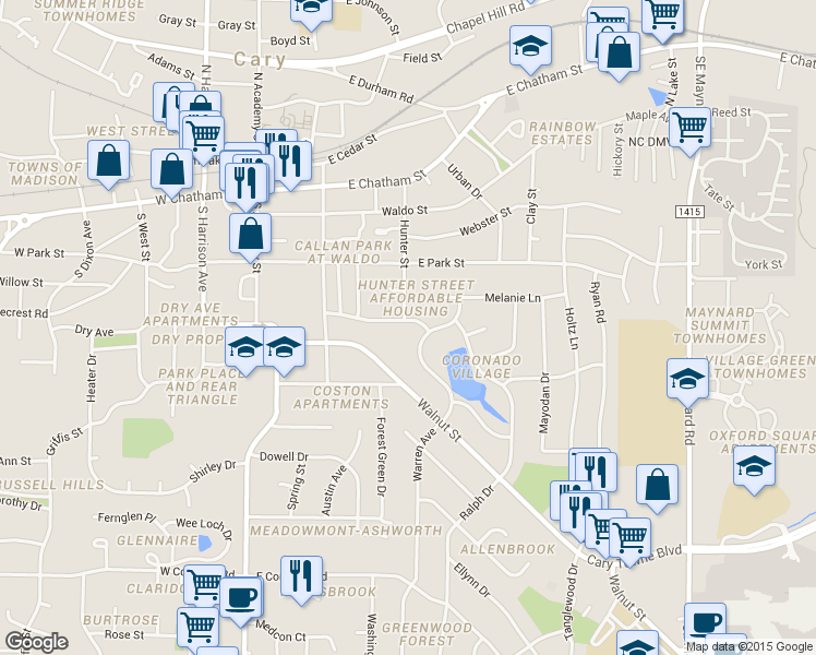 map of restaurants, bars, coffee shops, grocery stores, and more near 238 Fairview Road in Cary