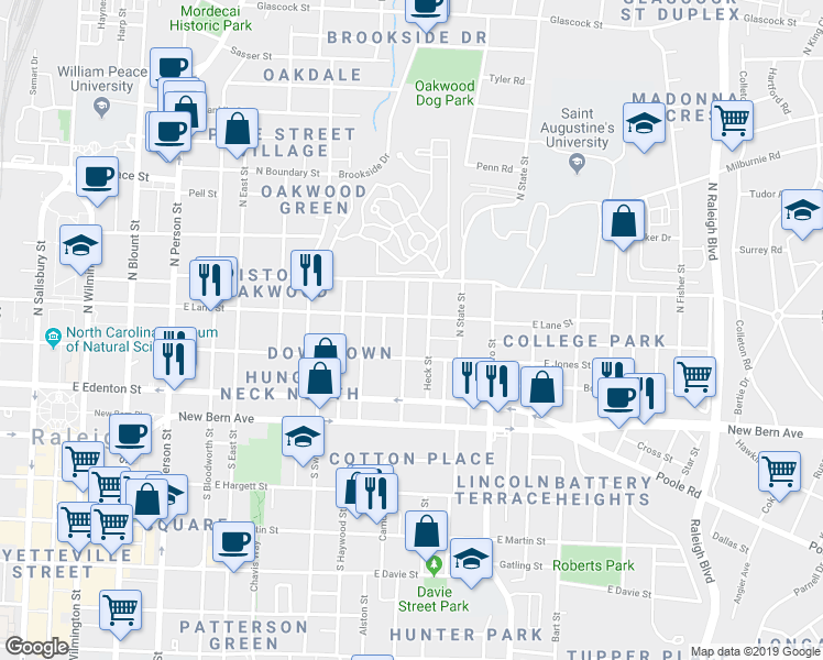 map of restaurants, bars, coffee shops, grocery stores, and more near 216 Idlewild Avenue in Raleigh