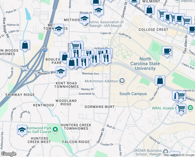 map of restaurants, bars, coffee shops, grocery stores, and more near 1123 Carlton Avenue in Raleigh