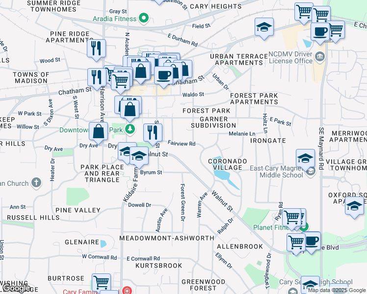 map of restaurants, bars, coffee shops, grocery stores, and more near 226 Fairview Road in Cary