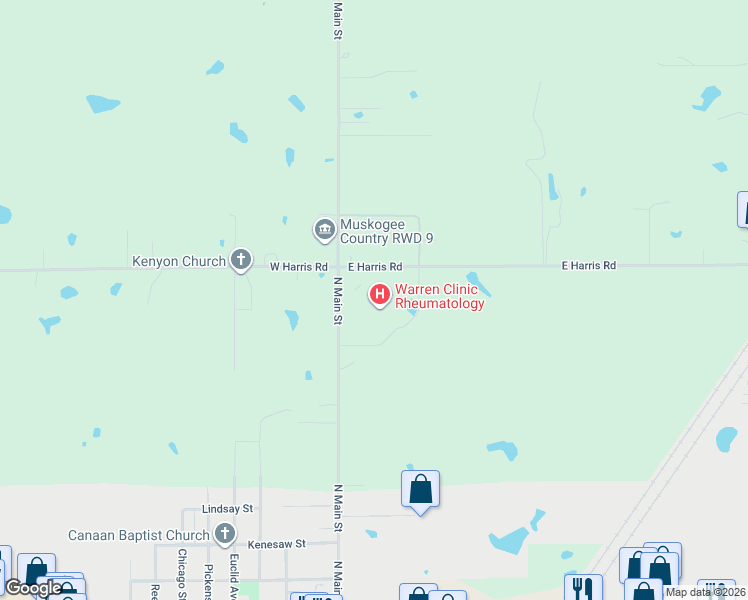 map of restaurants, bars, coffee shops, grocery stores, and more near 2900 North Main Street in Muskogee