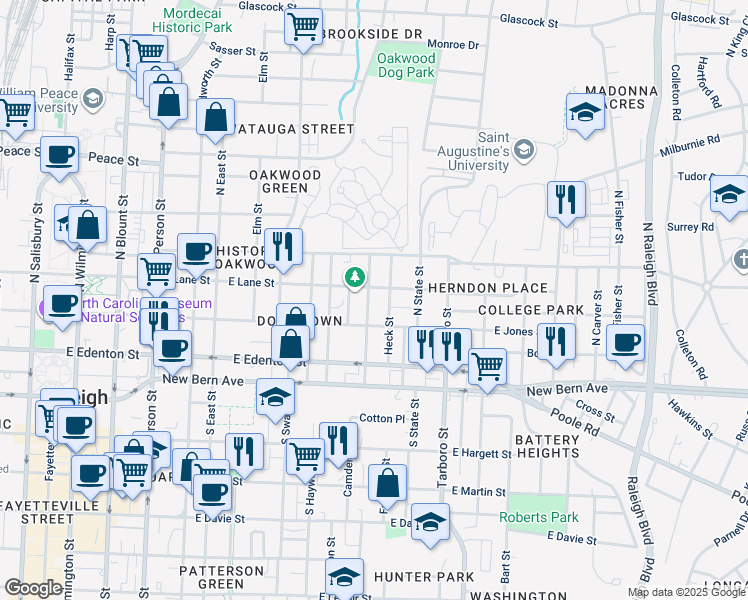 map of restaurants, bars, coffee shops, grocery stores, and more near 216 Idlewild Avenue in Raleigh