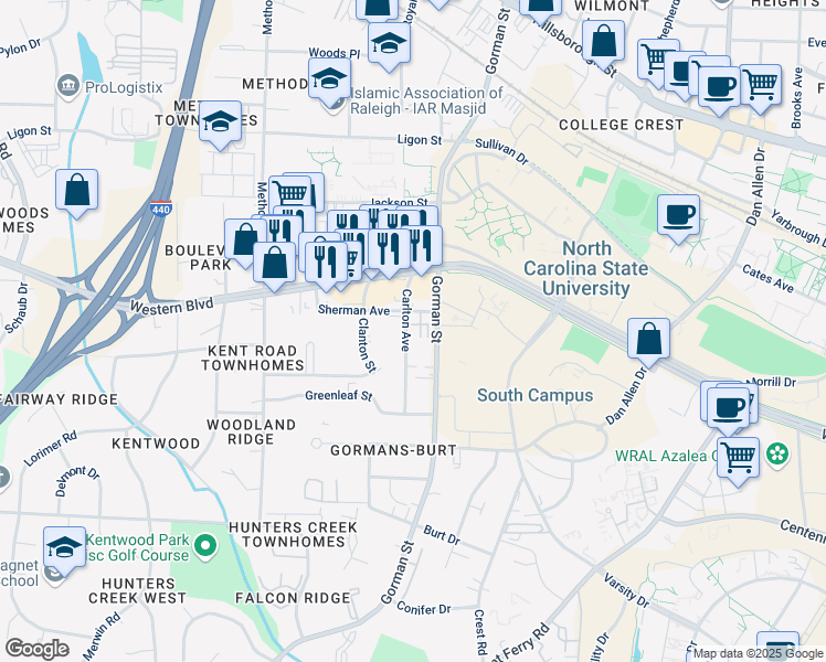 map of restaurants, bars, coffee shops, grocery stores, and more near 1120 McKimmon View Court in Raleigh