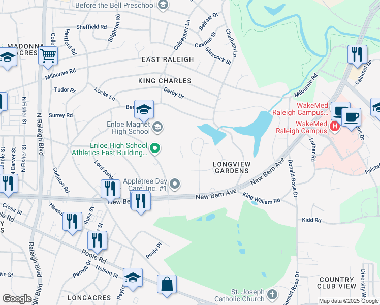 map of restaurants, bars, coffee shops, grocery stores, and more near 460 Dickens Drive in Raleigh