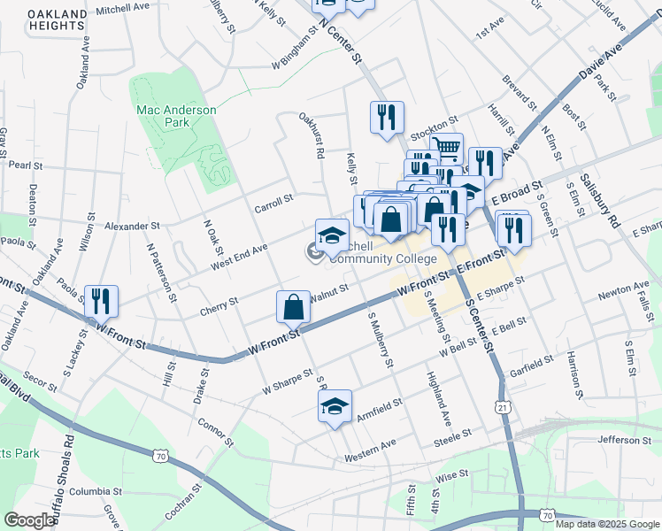 map of restaurants, bars, coffee shops, grocery stores, and more near 500 West Broad Street in Statesville