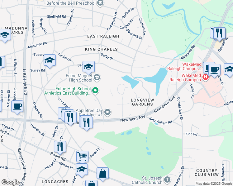 map of restaurants, bars, coffee shops, grocery stores, and more near 460 Dickens Drive in Raleigh
