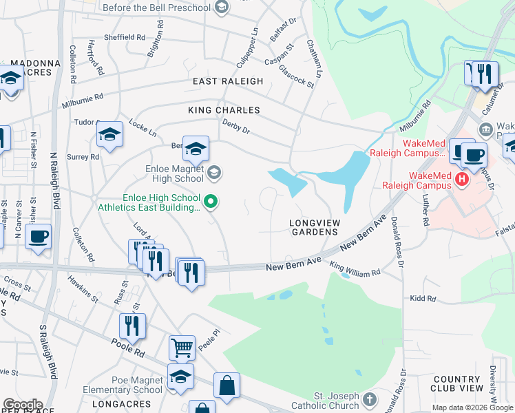map of restaurants, bars, coffee shops, grocery stores, and more near 128 Clarendon Crescent in Raleigh