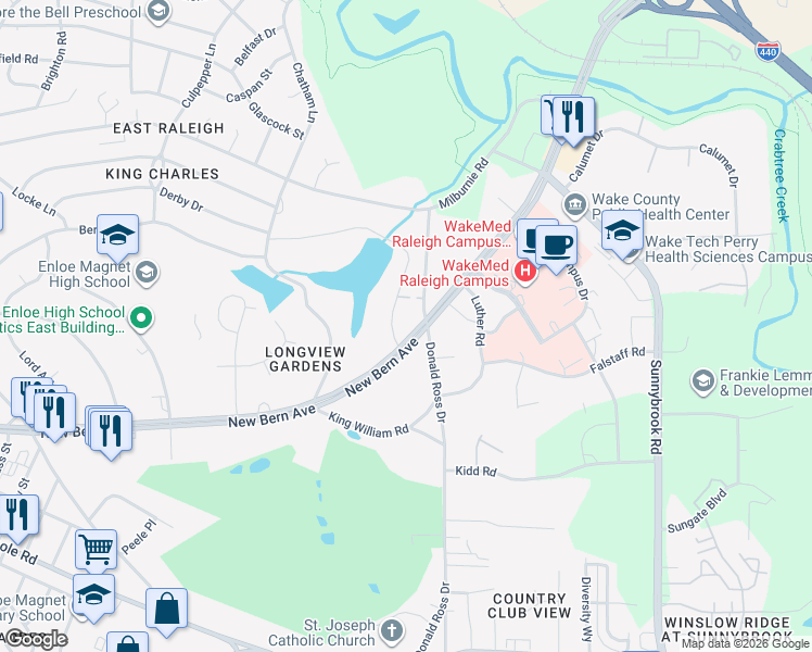 map of restaurants, bars, coffee shops, grocery stores, and more near 2447 New Bern Avenue in Raleigh