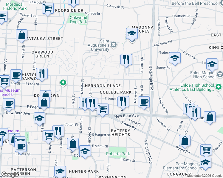 map of restaurants, bars, coffee shops, grocery stores, and more near 1214 Pender Street in Raleigh