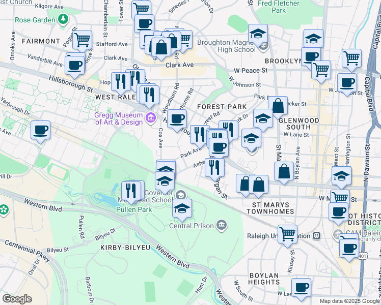 map of restaurants, bars, coffee shops, grocery stores, and more near 1306 Flint Place in Raleigh