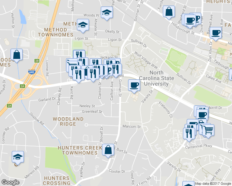 map of restaurants, bars, coffee shops, grocery stores, and more near 1128 Gorman Street in Raleigh