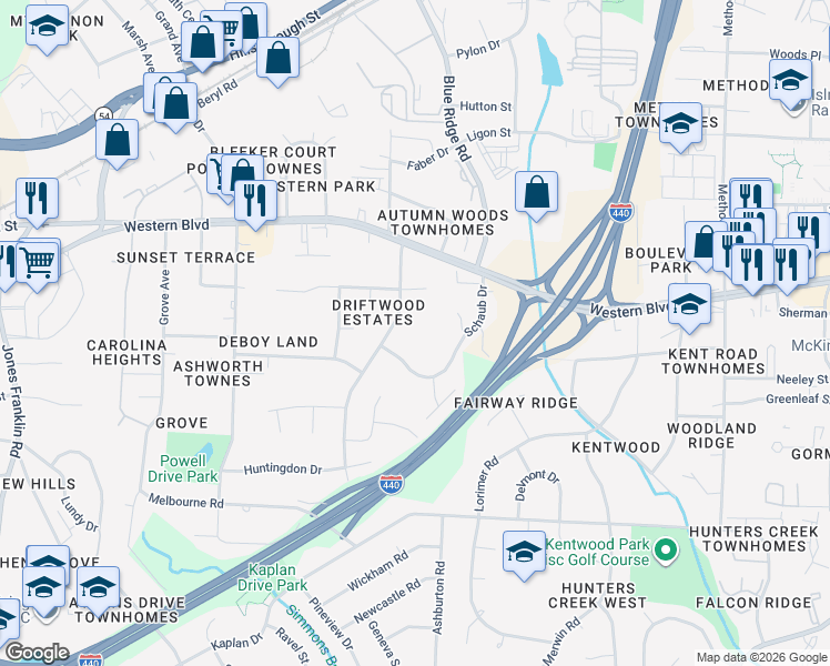 map of restaurants, bars, coffee shops, grocery stores, and more near 1212 Schaub Drive in Raleigh