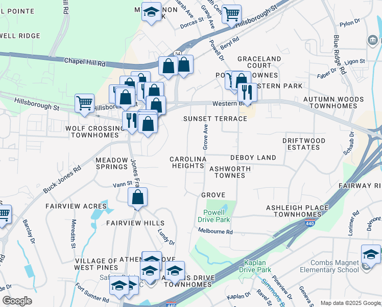 map of restaurants, bars, coffee shops, grocery stores, and more near 719 Carolina Avenue in Raleigh