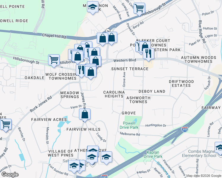 map of restaurants, bars, coffee shops, grocery stores, and more near 719 Carolina Avenue in Raleigh