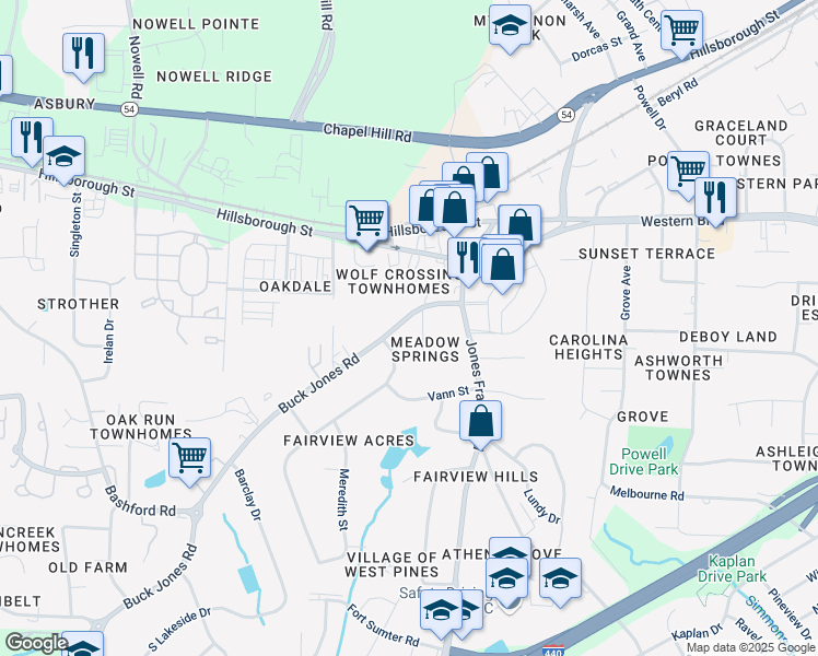 map of restaurants, bars, coffee shops, grocery stores, and more near 101 Wilmot Drive in Raleigh