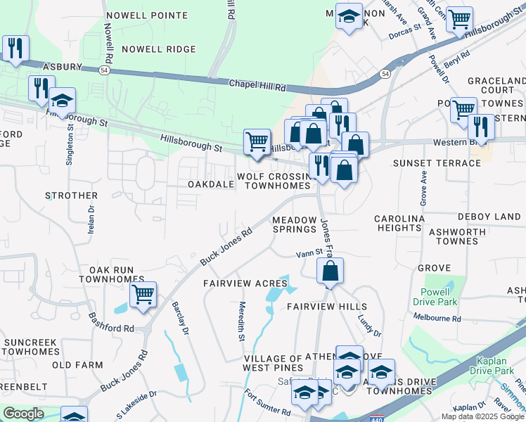 map of restaurants, bars, coffee shops, grocery stores, and more near 200 Buck Jones Road in Raleigh
