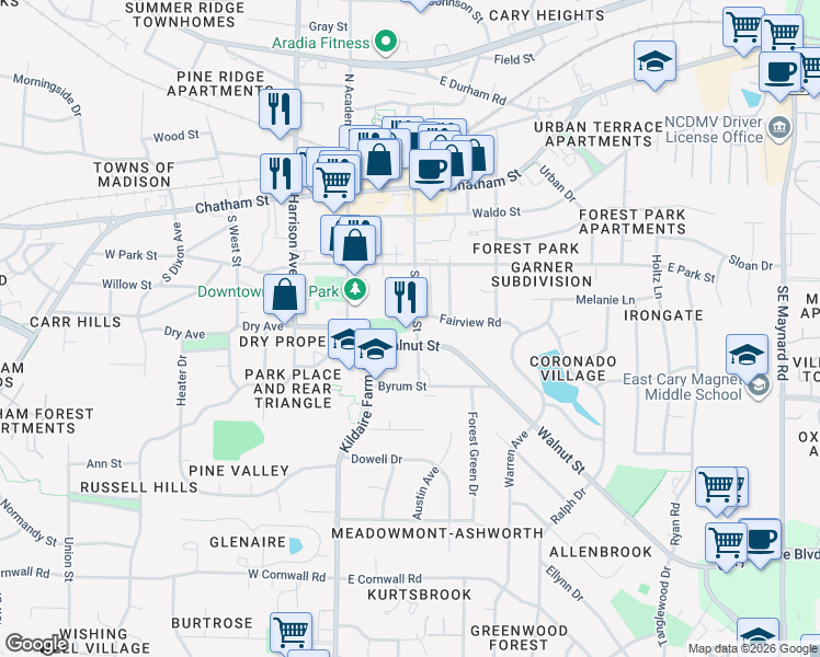 map of restaurants, bars, coffee shops, grocery stores, and more near 370 South Walker Street in Cary