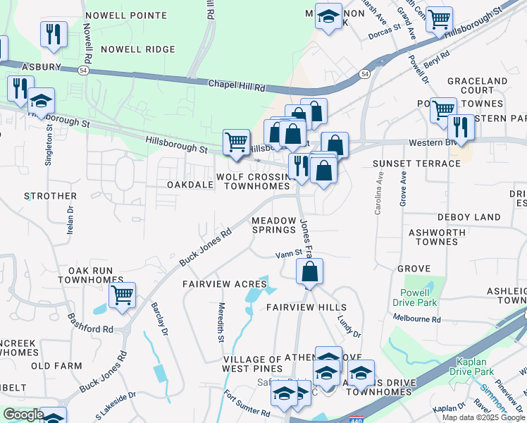 map of restaurants, bars, coffee shops, grocery stores, and more near 105 Buck Jones Road in Raleigh