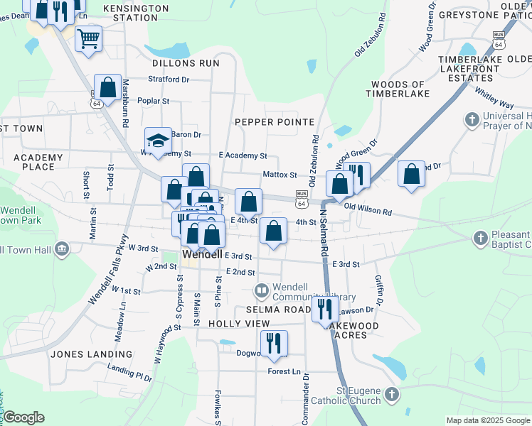 map of restaurants, bars, coffee shops, grocery stores, and more near 110 North Hollybrook Road in Wendell