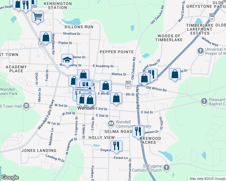 map of restaurants, bars, coffee shops, grocery stores, and more near 110 North Hollybrook Road in Wendell