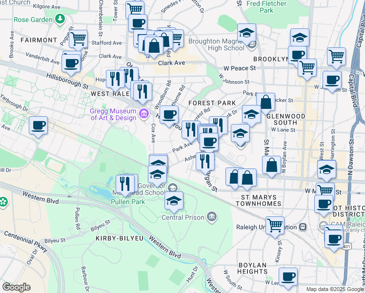 map of restaurants, bars, coffee shops, grocery stores, and more near 160 Park Avenue in Raleigh