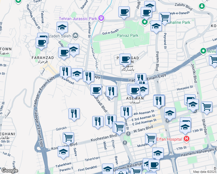 map of restaurants, bars, coffee shops, grocery stores, and more near Farahzad in Tehran