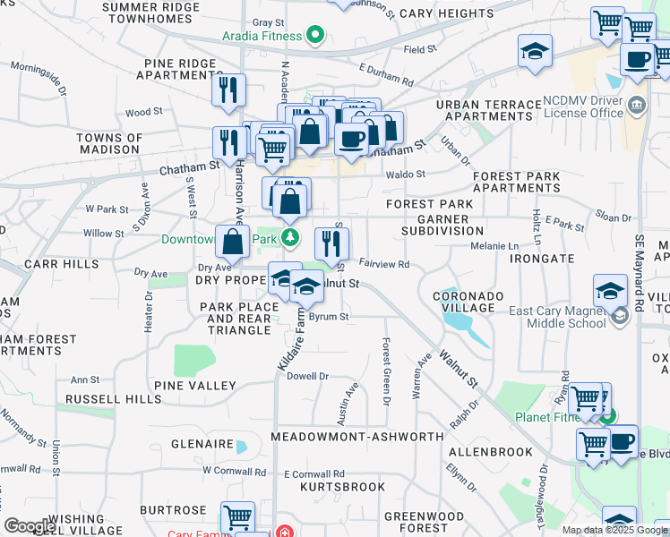 map of restaurants, bars, coffee shops, grocery stores, and more near 352 South Walker Street in Cary